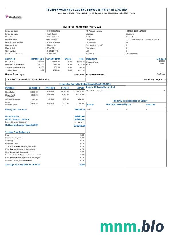Teleperformance Global Services payslip